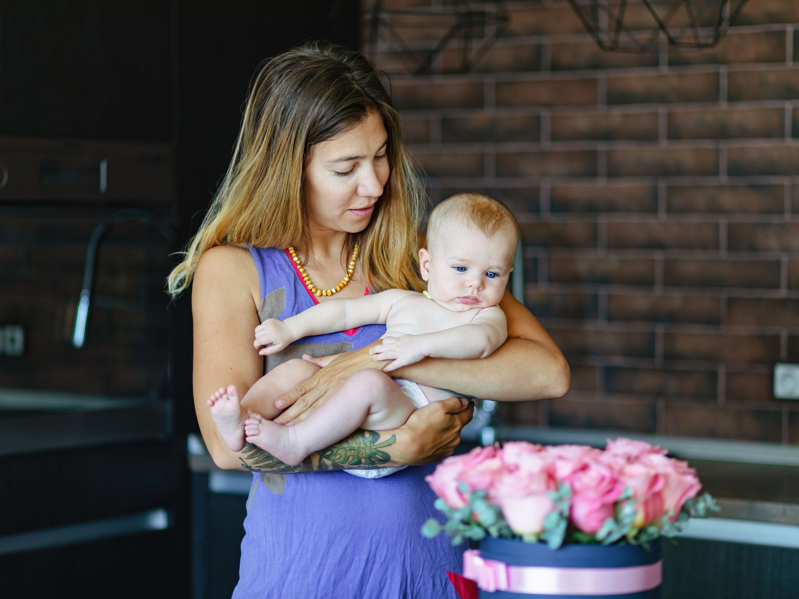 mom, baby, flowers